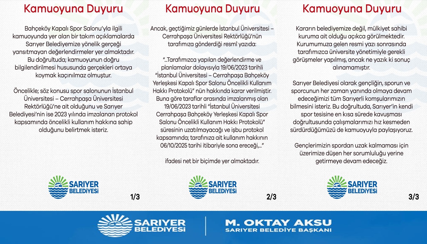 Bahçeköy Kapalı Spor Salonu’yla ilgili KAMUOYUNA DUYURU